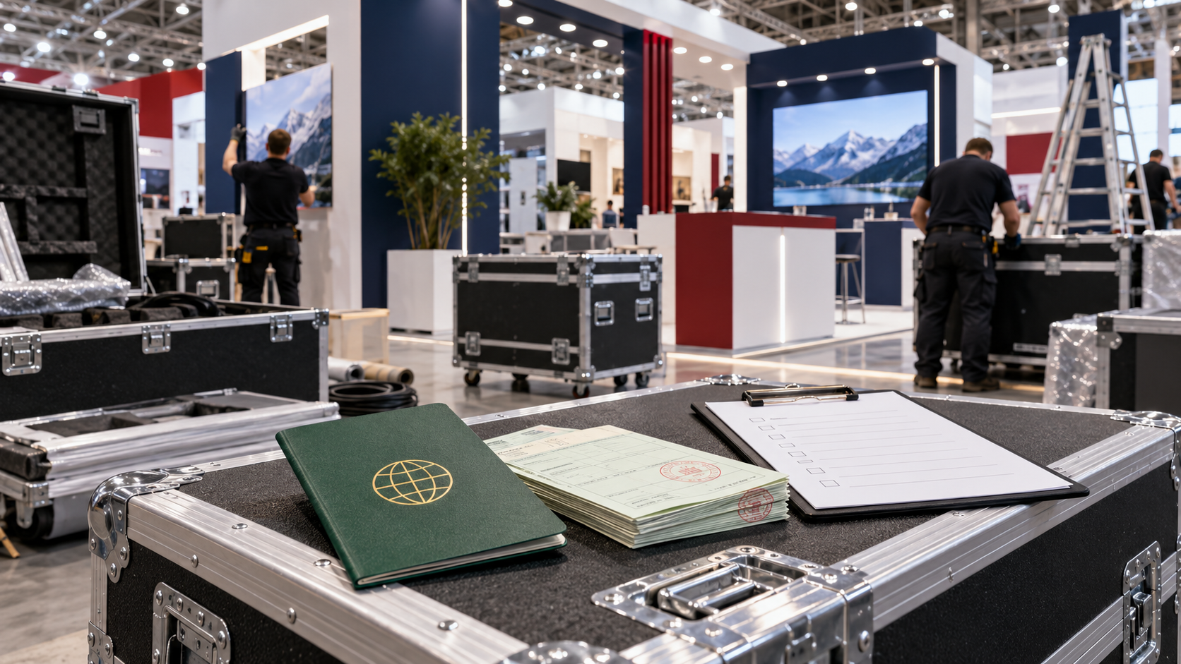 A green ATA Carnet booklet and stamped counterfoil pages on a flight case next to an equipment checklist, with crews setting up booths on a trade show floor
