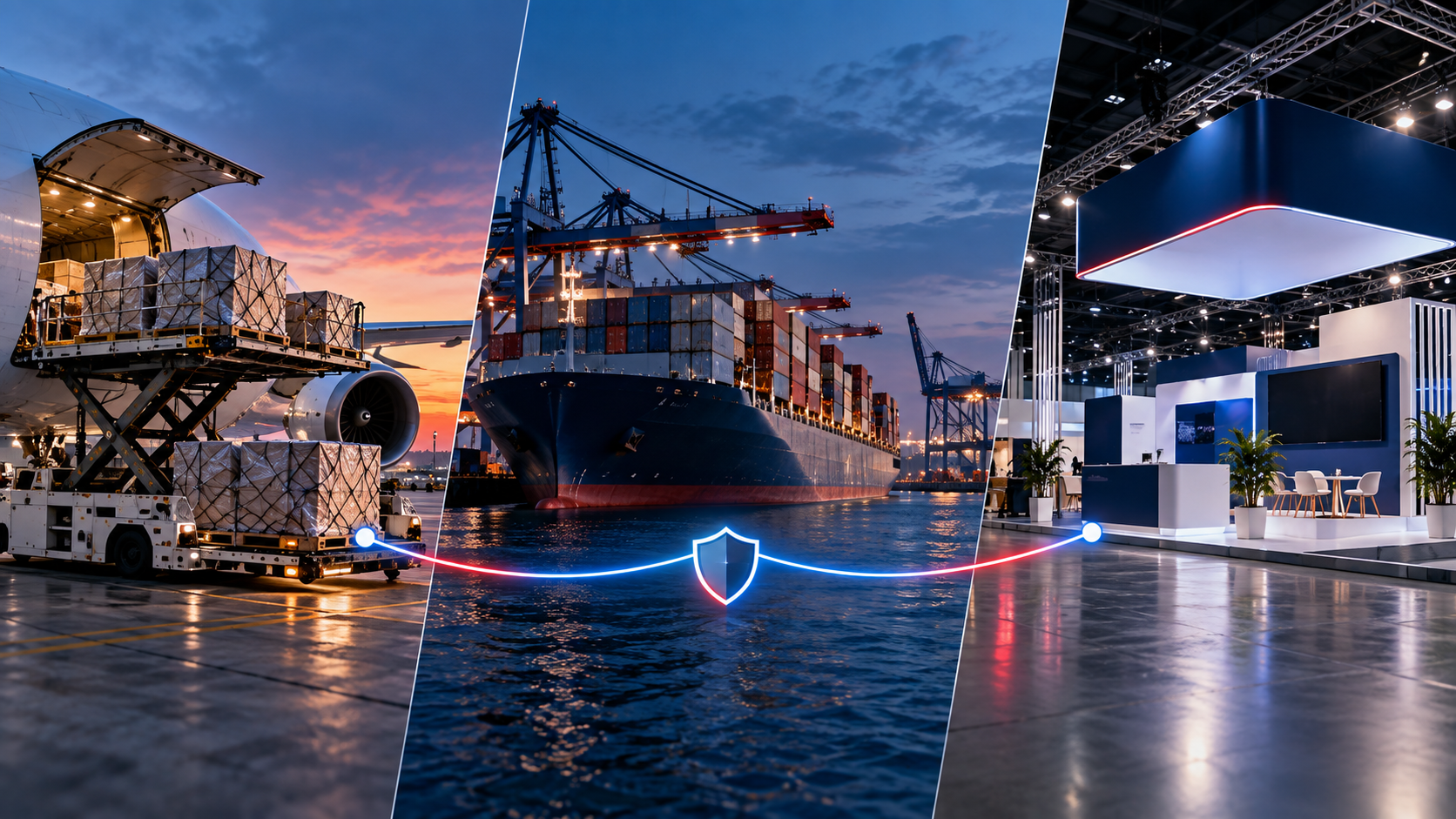 Exhibit freight on an air cargo loader, a container ship at port, and a finished trade show booth, linked by a line with a shield icon