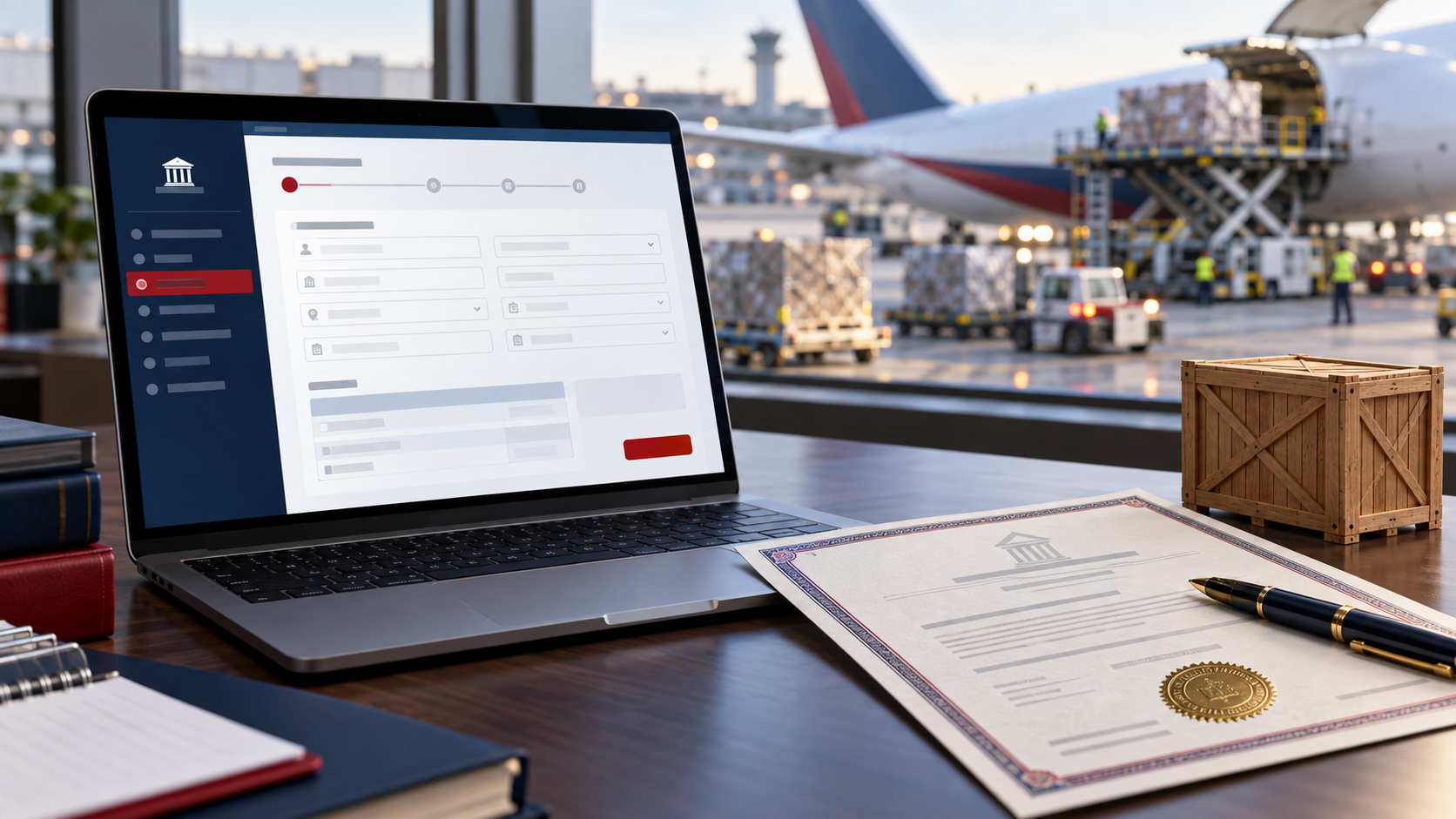 A laptop showing an online registration form next to a sealed company registration certificate and a small model shipping crate, with an air cargo plane being loaded outside the window