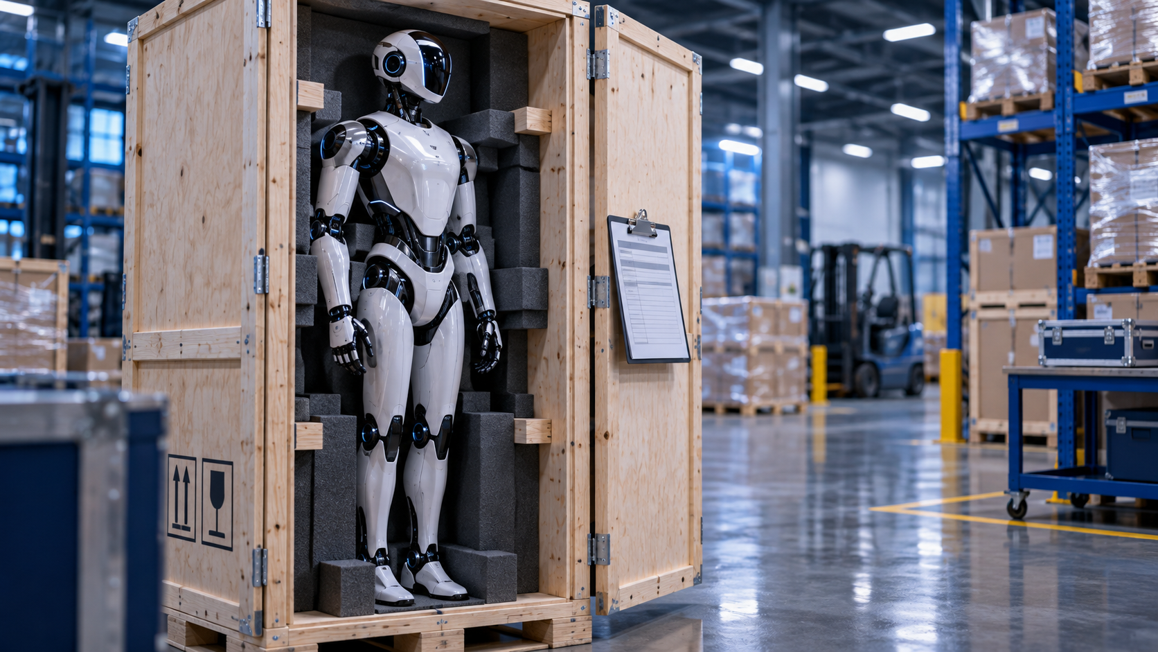 A white humanoid robot packed upright in foam inside an open wooden export crate in a warehouse, with an inspection clipboard on the crate door